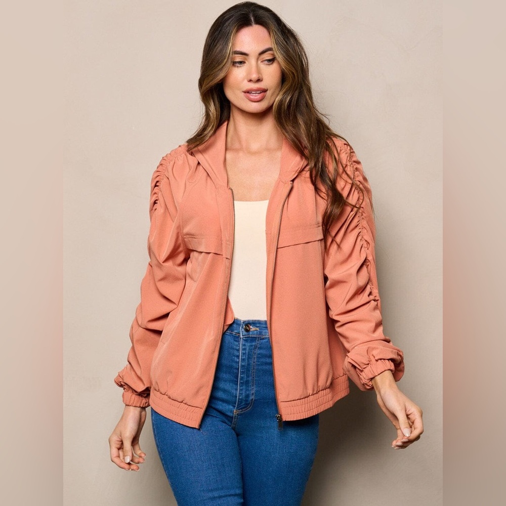 SALE! 024. WOMEN'S LONG RUCHED SLEEVES ZIP UP POCKETS HOODED JACKET